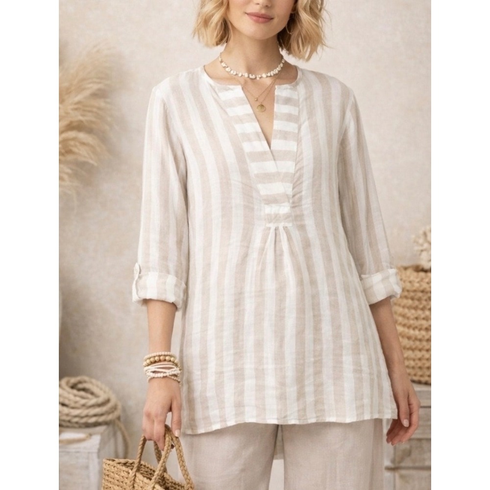 Antibes Blanc Linen Tunic Top Women 1X Beige White Striped Roll Tab Sleeve